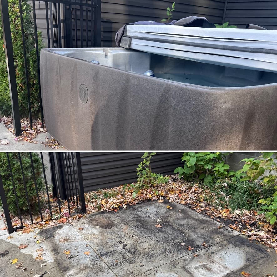 Hot tub removed from patio — before and after specialty debris removal