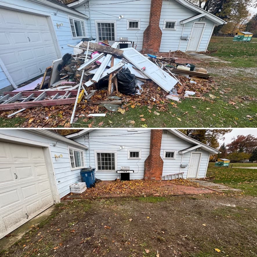 Side-of-house construction debris before and after — complete cleanup