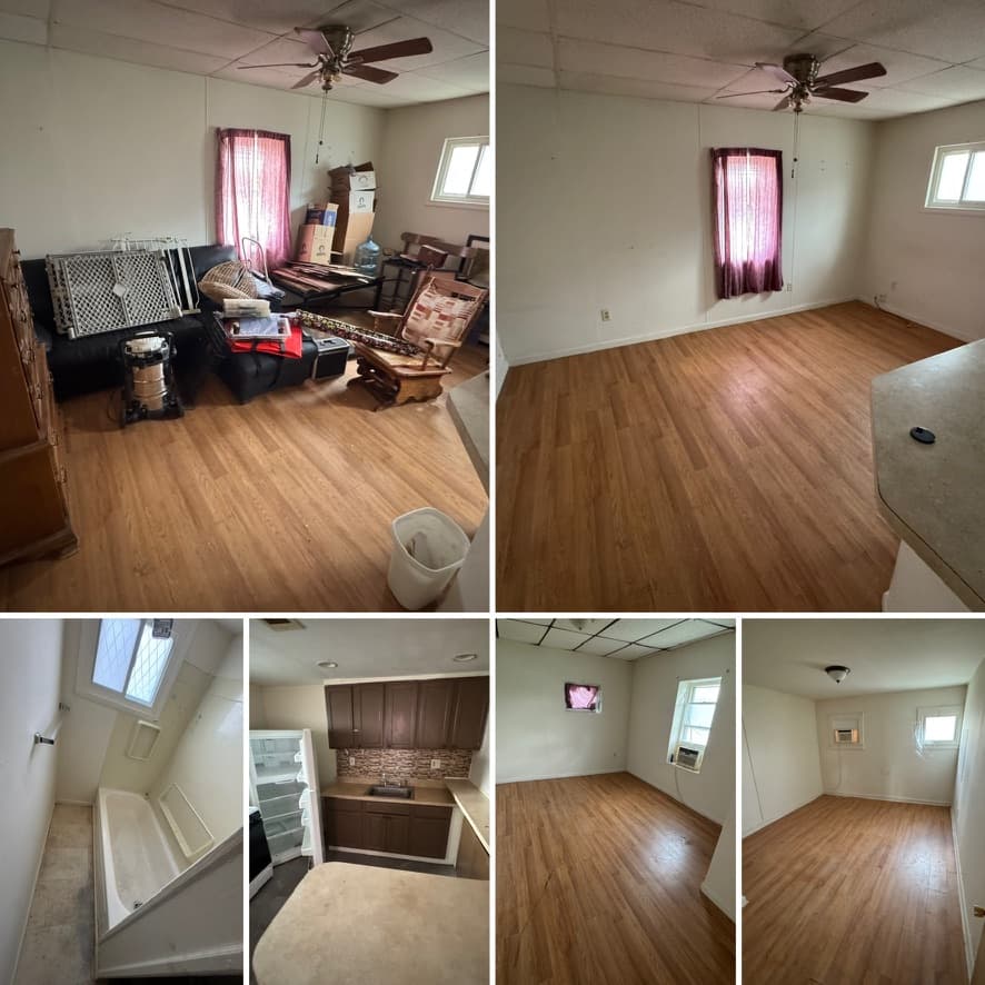 Rental unit before and after eviction cleanout — rooms cleared and rent-ready