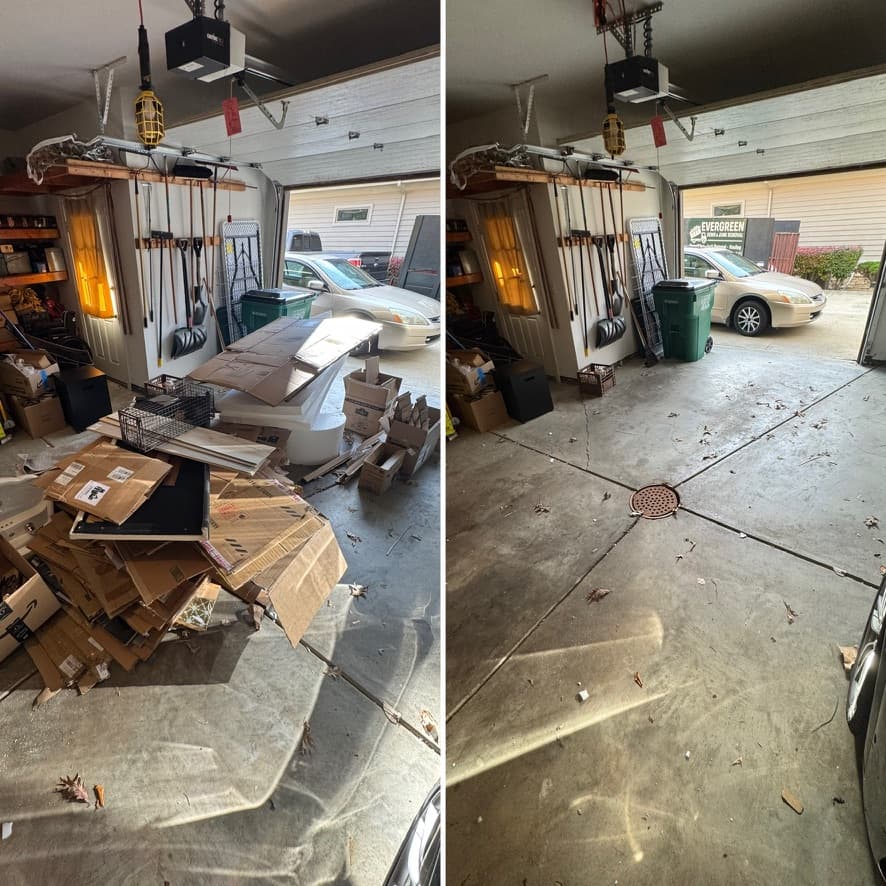 Garage cleanout before and after — cardboard and junk cleared in Lake County