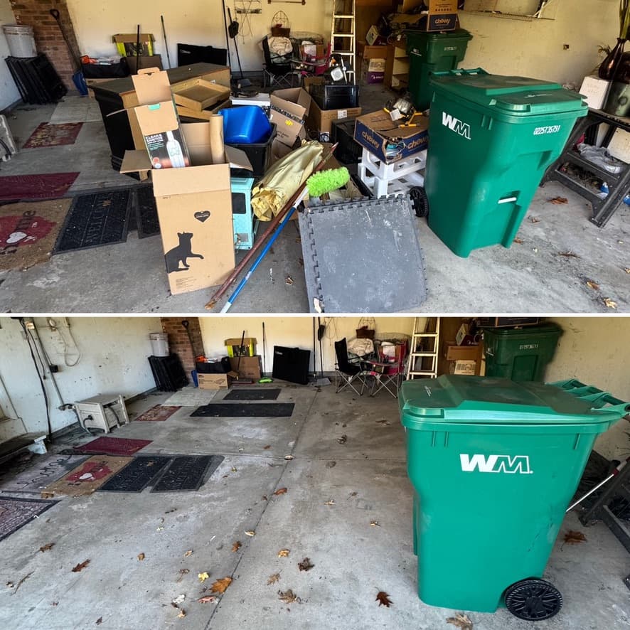 Garage before and after cleanout showing boxes and bins removed, floor clear