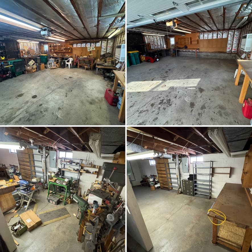 Workshop garage before and after — heavy accumulation cleared by professionals