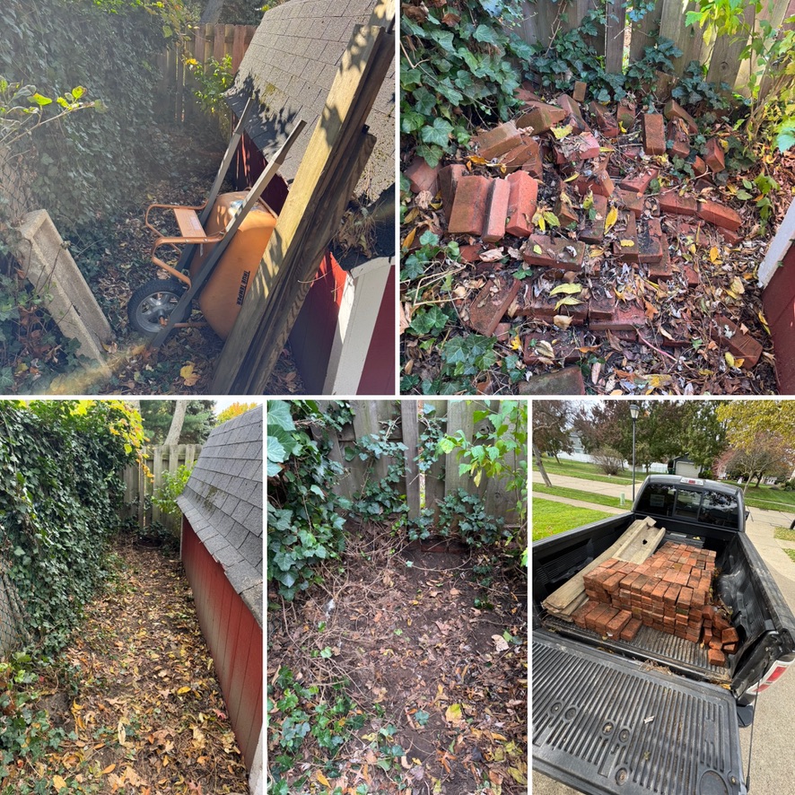 Shed demolished and bricks hauled away — demo and debris removal in one visit