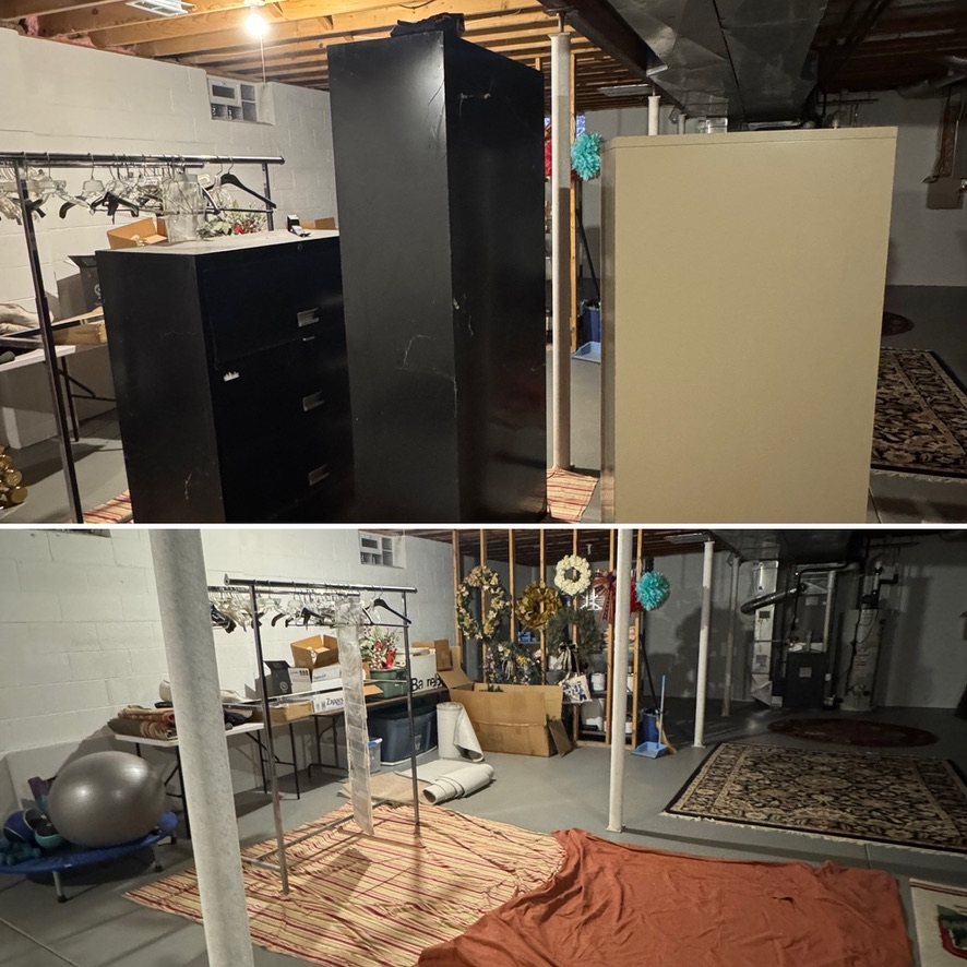 Cluttered basement cleared out — filing cabinets and accumulated items removed