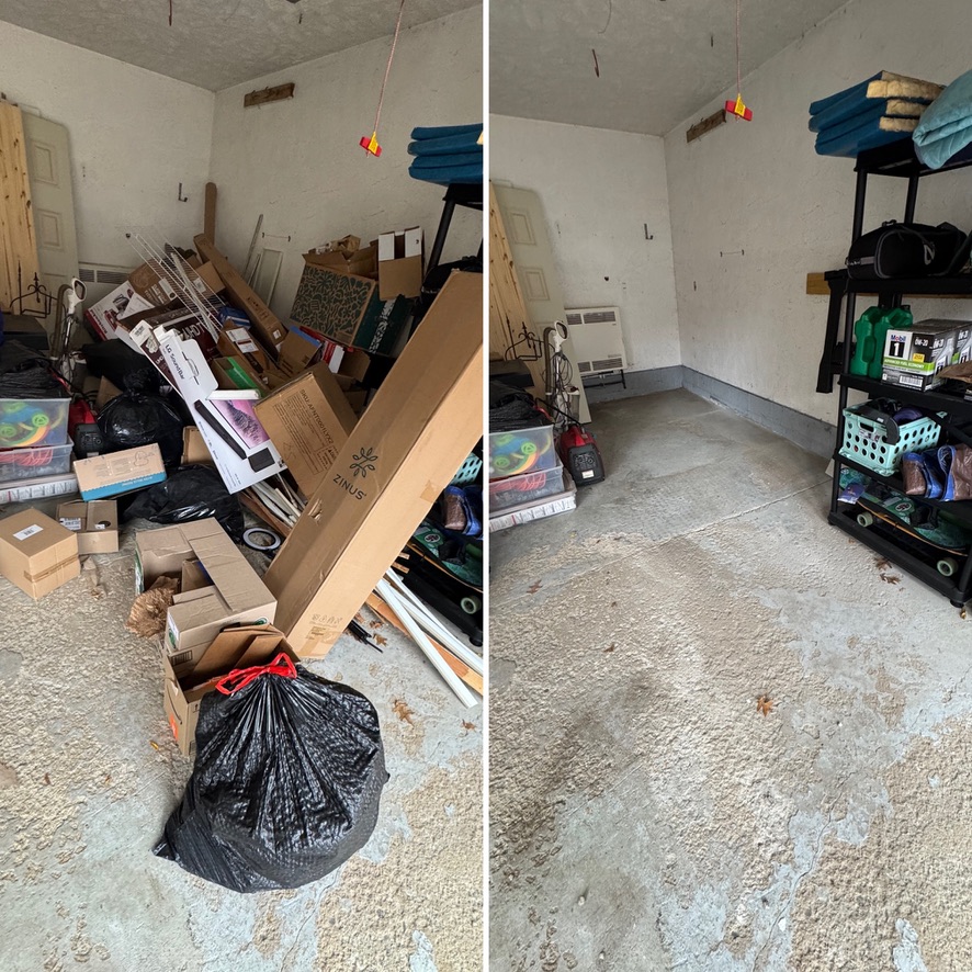 Heavily packed garage before and after cleanout — judgment-free service